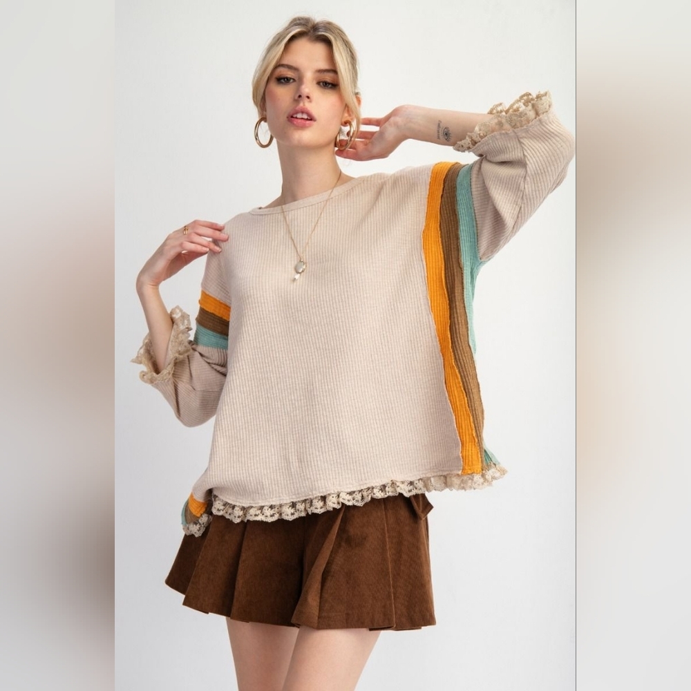 7-1121 *Boutique* Easel Color Block Cotton Rib Knit Retro Lace Mixed Media Top